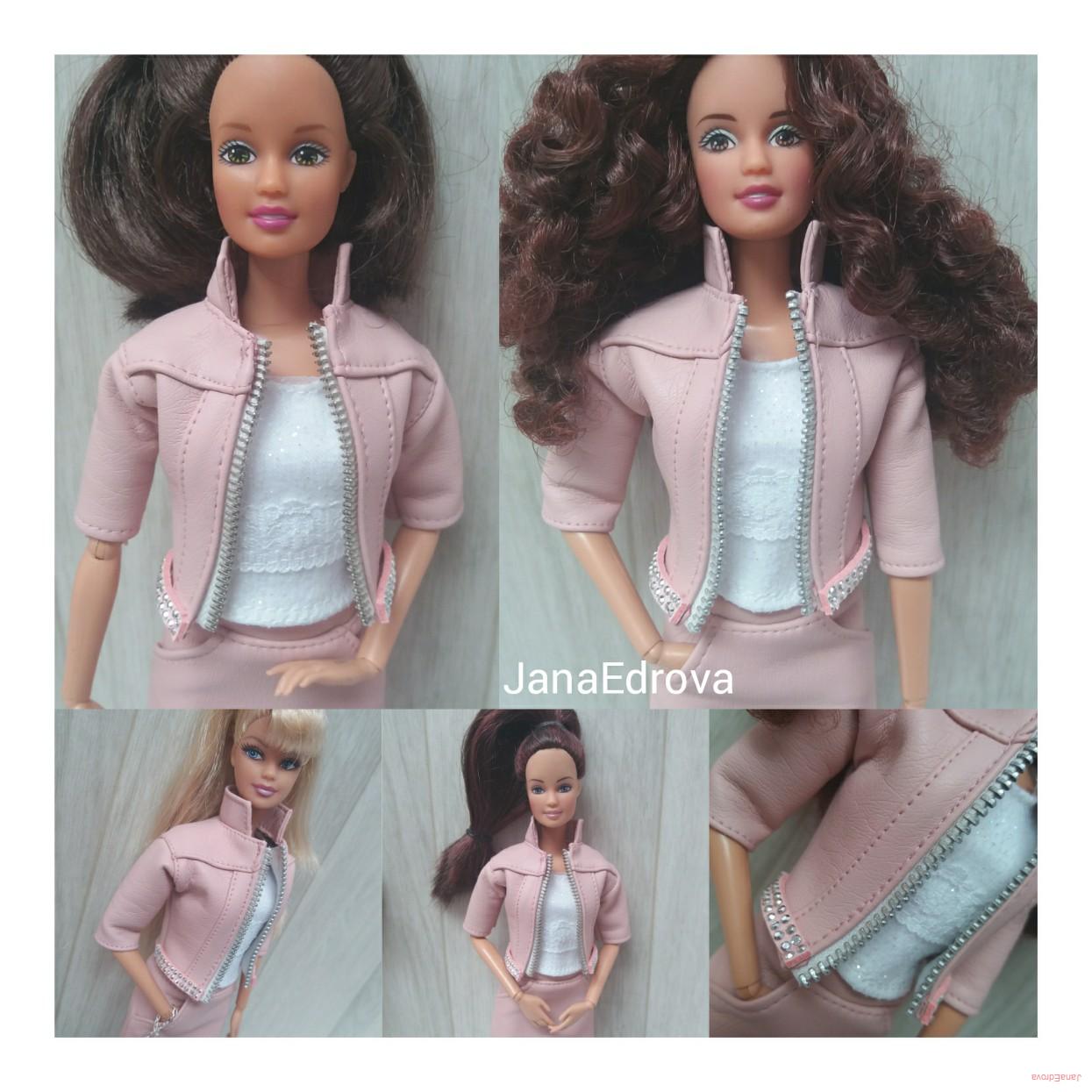 Stylová pudrově růžová bundička z ekokůže pro panenky Barbie