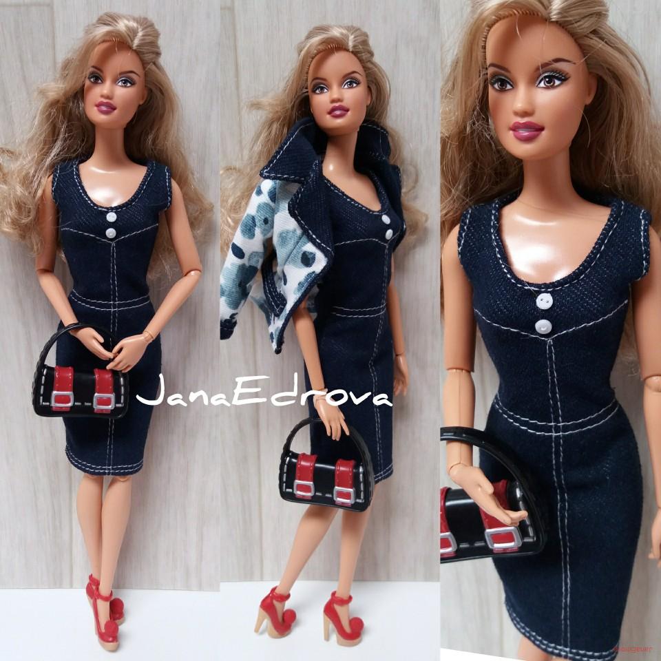 Džínové prošívané šaty pro panenky Barbie