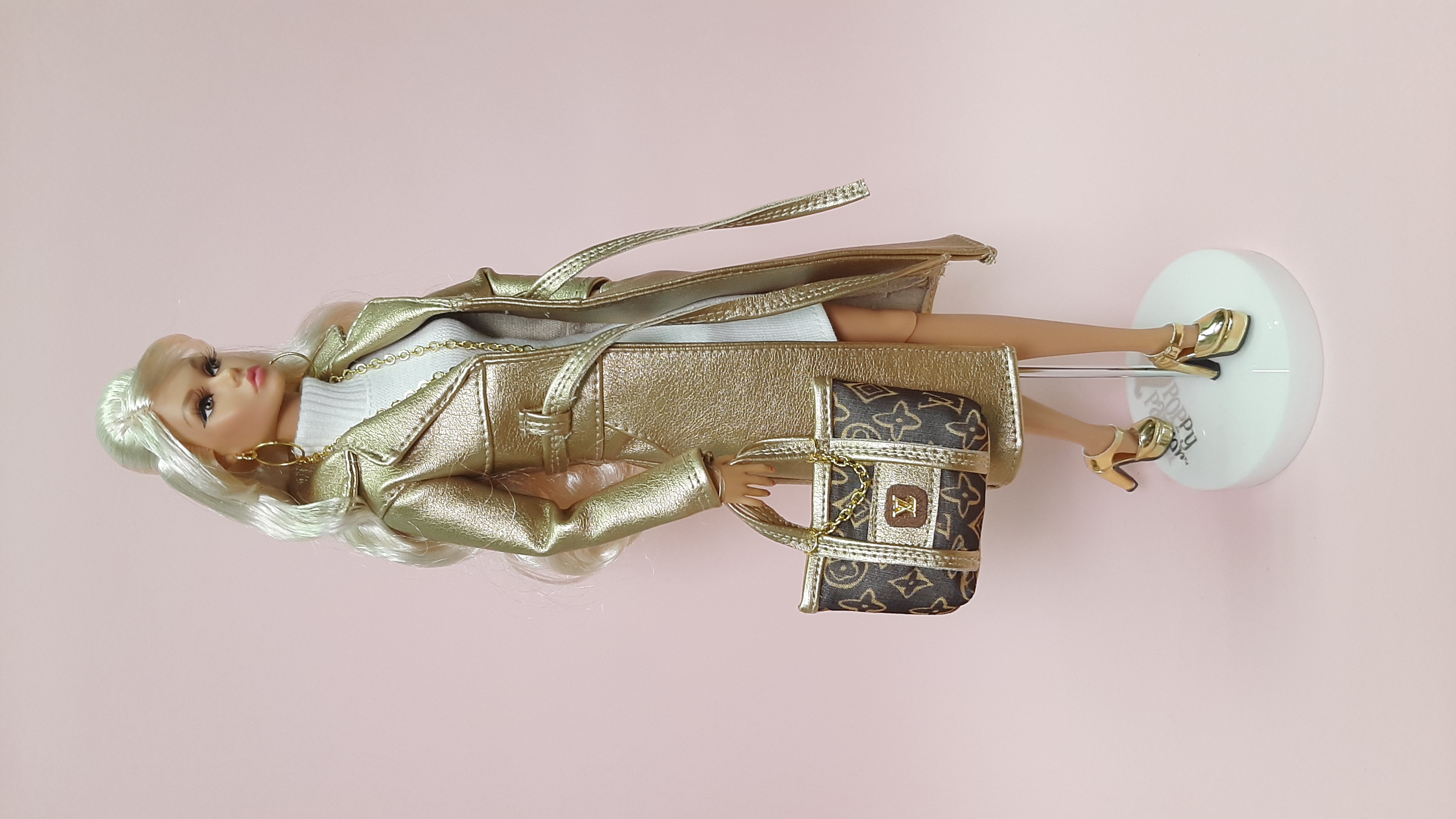 Zlatý koženkový kabát pro panenky Barbie, 30 cm